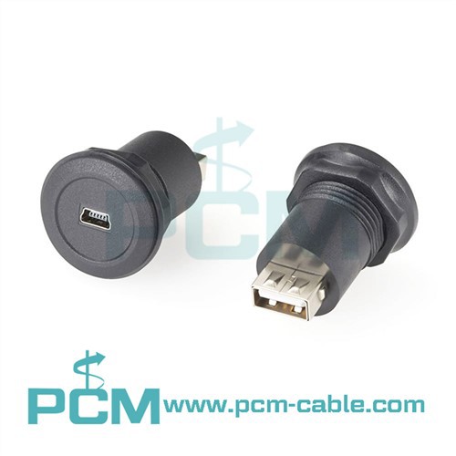 USB Mini B csatlakozó az USB A jack csatlakozóhoz, kerek panelre szerelhető adapter